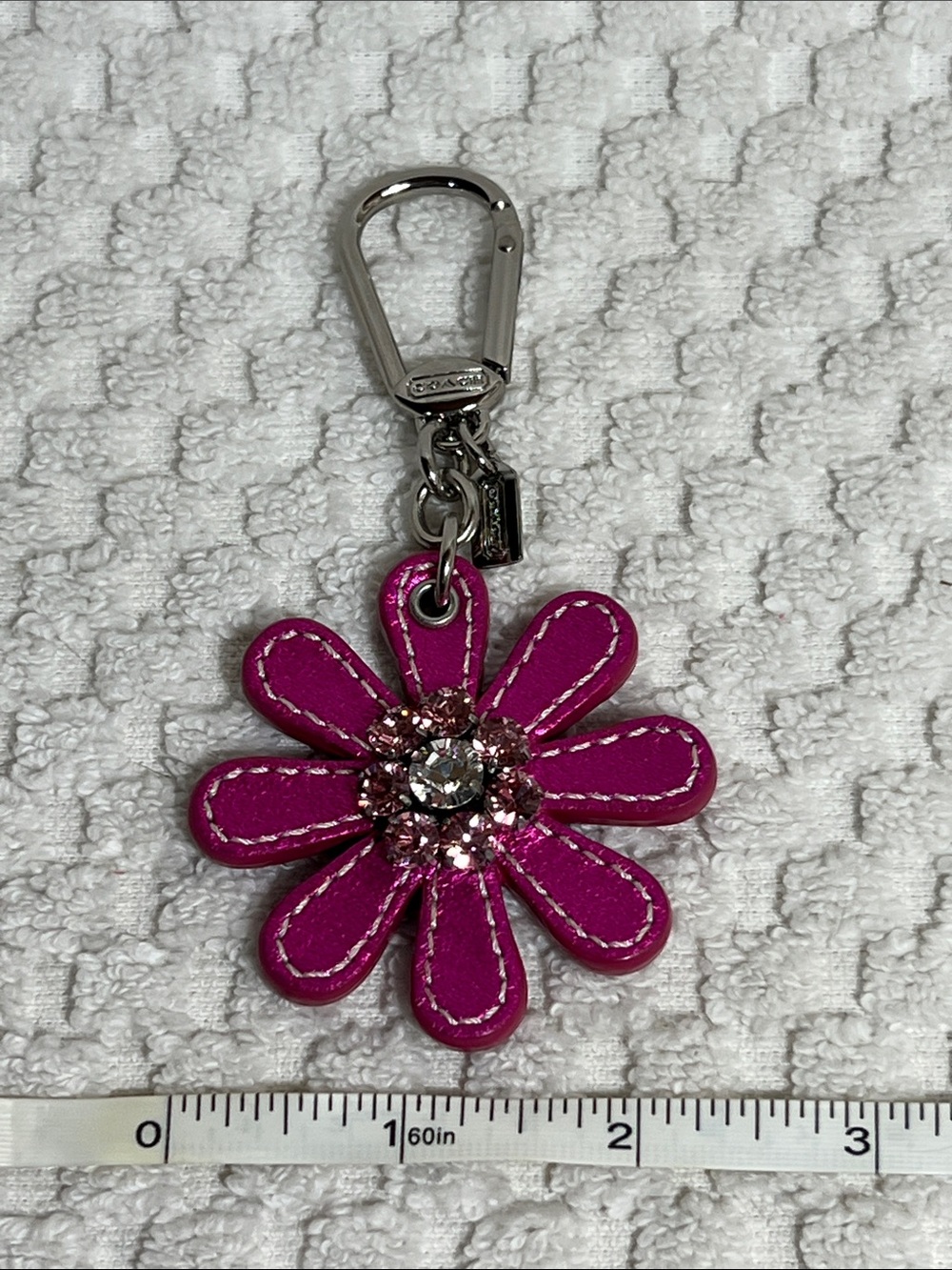 Coach Fuchsia Leather Flower Keyring with Rhinestones